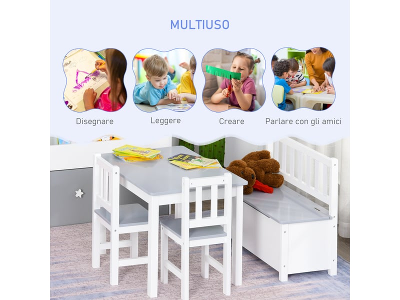  Ensemble table et chaises pour chambre d'enfant, comprenant une table, deux chaises et un coffre en bois, blanc et gris.  - Conforama E