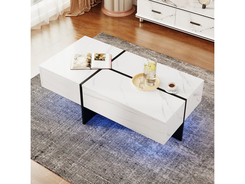  Table basse avec 3 tiroirs et led pour salon 100×50×34,5 cm en panneaux de particules blanc brillant  - Conforama C