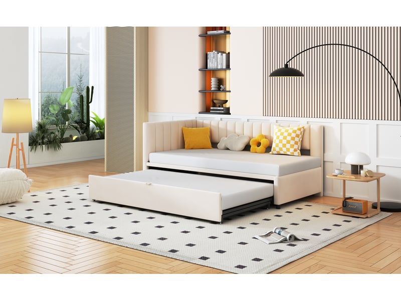 Canapé-lit en l gigogne 90 x 200 cm, extensible en 180 x 200 cm, velours beige - Conforama R