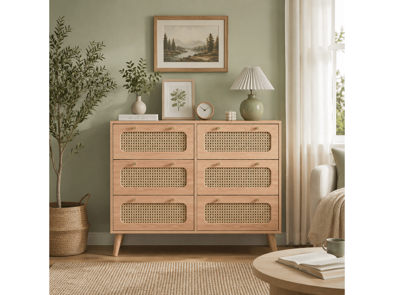 Commode 6 tiroirs, meuble de rangement en rotin, armoire buffet avec antichute et pieds surélevés, chiffonnier bois pour chambre, salon, 100x34x73 cm - Conforama D