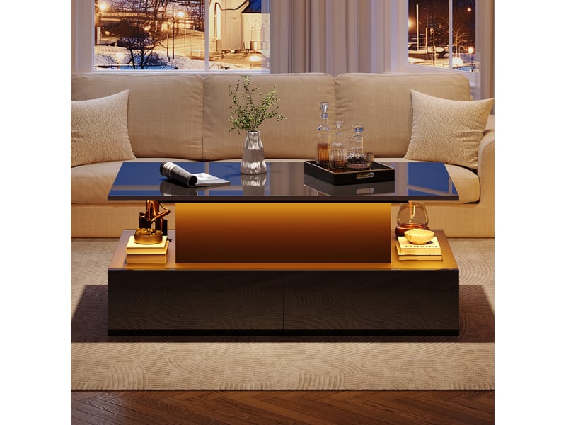  Table basse led avec 4 tiroirs, rangement caché et plateau relevable pour salon, 90 × 55 × 41 cm  - Conforama C