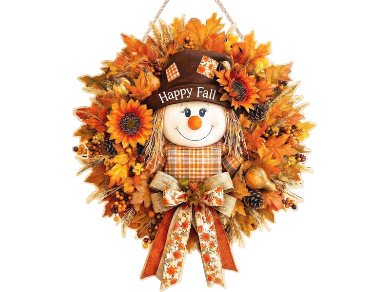 45cm décoration automne porte avec épouvantail, couronne en bois feuilles d’érable, plaque bienvenue pour maison - Conforama A