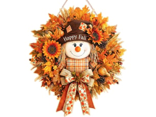 45cm décoration automne porte avec épouvantail, couronne en bois feuilles d’érable, plaque bienvenue pour maison