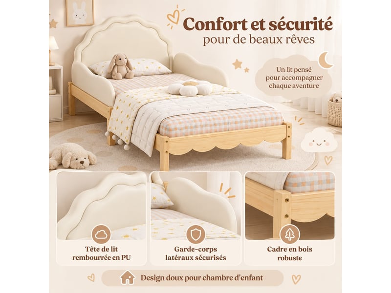  Lit enfant rembourré 90 x 200 cm avec tête de lit en pu, barrières latérales, sommier à lattes, beige et naturel  - Conforama D