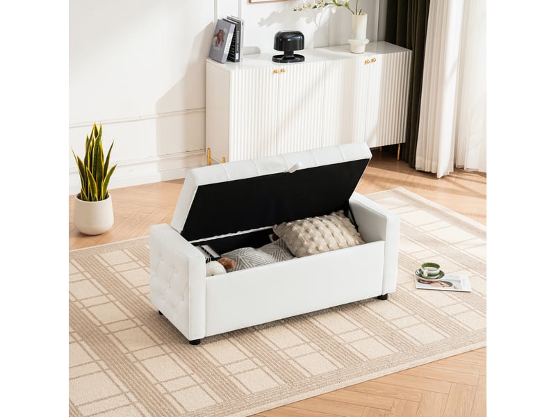  Banc de rangement tcqpz rectangulaire 122 x 45 x 47 cm en simili cuir pu blanc avec assise capitonnée  - Conforama D