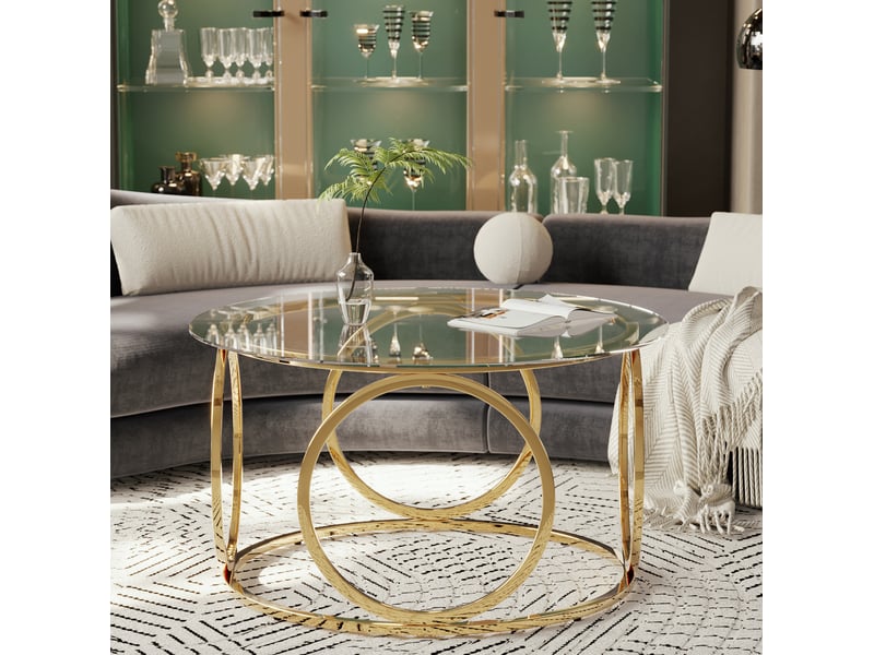 Table basse ronde 80x80x45 cm en verre trempé et métal chromé doré - Conforama W