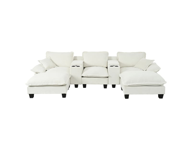  Canapé panoramique modulable, 2 poufs, rangements, ports usb, porte-gobelets, 323 × 151 × 90 cm, chenille beige  - Conforama A