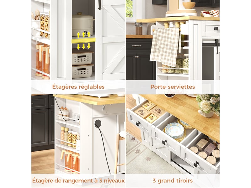 Îlot de cuisine 130x5080x87cm avec 3 tiroirs, porte coulissantes et prises usb, rangement, mdf, blanc et bois - Conforama D