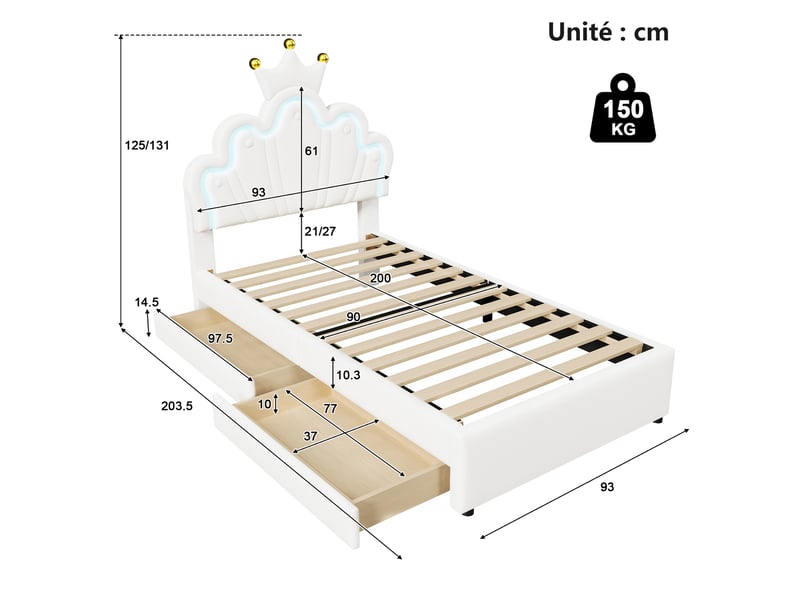  Lit simple pour enfant 90 x 200 cm - lit enfant avec rembourrage et 2 rangements - pu + mdf - blanc  - Conforama C