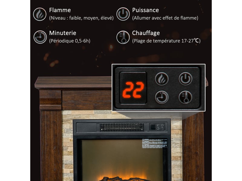  Cheminée électrique, cheminée décorative 1800w effet flamme, luminosité et température réglables, 80x21,6x67,8cm, marron  - Conforama E