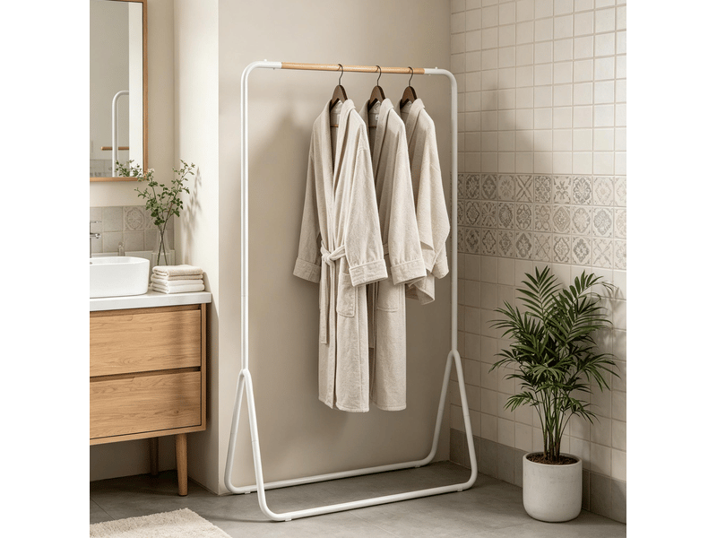  Portant à vêtements en métal blanc avec barre en bois, 80x45x145 cm  - Conforama B