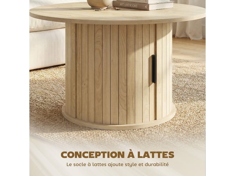  Table basse ronde, table de salon avec rangement, 2 étagères, porte coulissante à lattes, effet bois naturel  - Conforama D