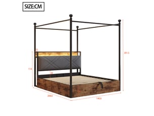 Lit double en métal 140*190 cm avec coffre hydraulique, baldaquin, led et usb type-c, noir