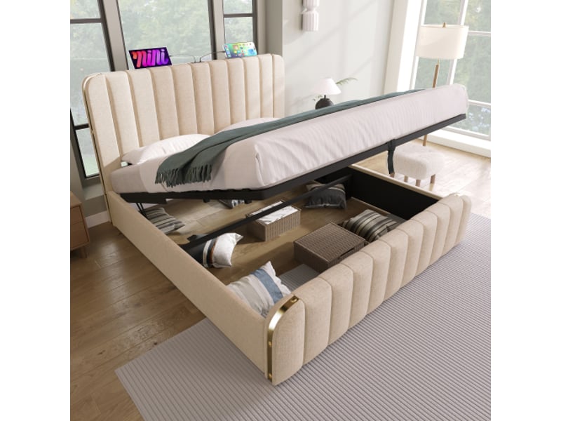  Lit double capitonné, tête de lit rembourrée avec rayures décoratives,ports usb type-c, 4 tiroirs lin beige 140x200 cm, avec matelas  - Conforama B