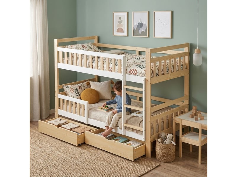 Lit superposé enfant 90 x 200 cm structure en bois finition blanche et naturelle convertible en 2 lits simples échelle d'accès barrière de sécurité surélevée 2 tiroirs - Conforama B