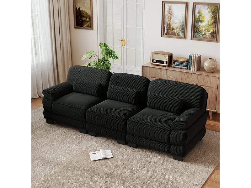  Canapé droit 3 places modulable, structure robuste, assise profonde et spacieuse, cordon cord doux et confortable, noir, pour se détendre au salon  - Conforama E
