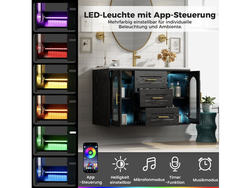  Meuble sous vasque suspendu 76x46x55 cm avec vasque et led, noir effet bois  - Conforama D