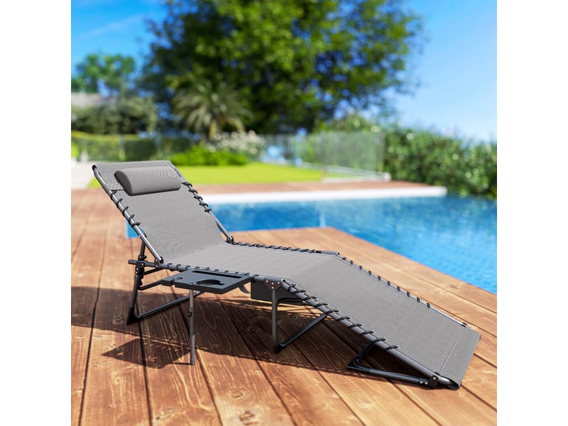  Chaise longue de jardin pliante et inclinable à 5 positions avec table d'appoint et poche, 60 x 190 x 31 cm, gris et noir  - Conforama C
