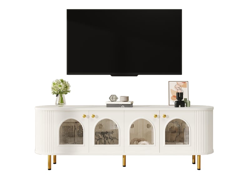  Meuble tv avec portes en verre, poignées et pieds dorés, bords arrondis, blanc et or, 170 x 35 x 55 cm  - Conforama A