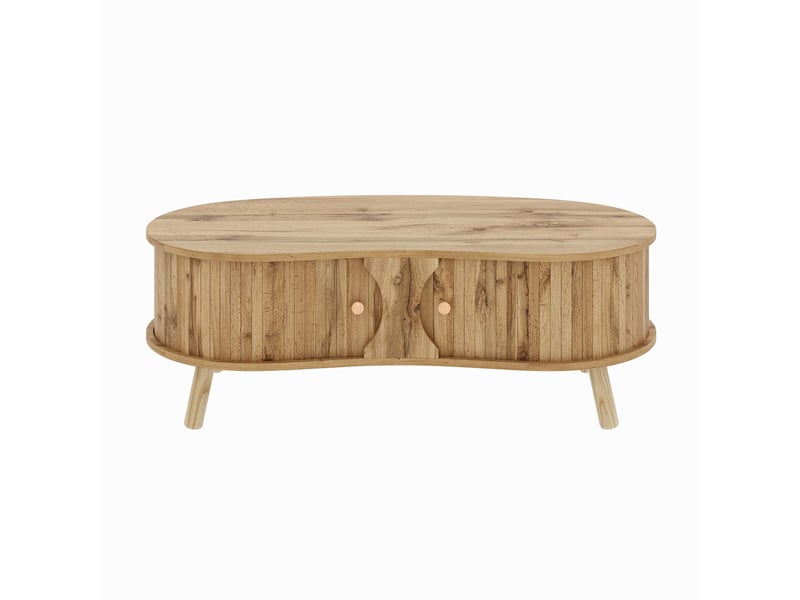 Table basse en forme de pois aspect rainuré, 2 portes coulissantes, aspect bois, pieds en bois massif, matériau MDF  - Conforama A
