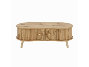 Table basse en forme de pois aspect rainuré, 2 portes coulissantes, aspect bois, pieds en bois massif, matériau MDF