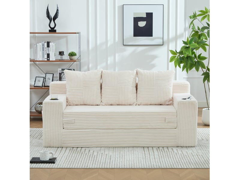  Canapé 3 places modenvie modulable en velours côtelé beige avec porte-gobelets et poches latérales, design sans cadre, 172 x 87 x 64 cm  - Conforama D