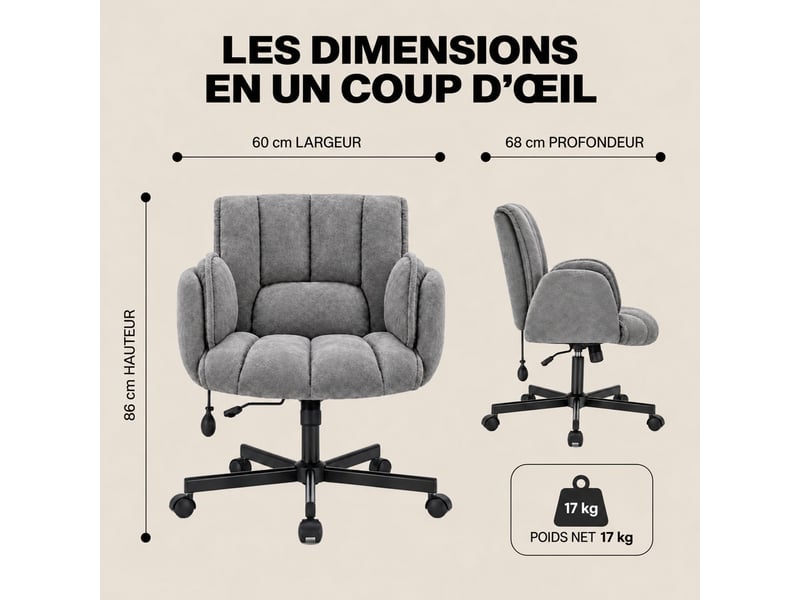  Fauteuil ergonomique tissu accoudoirs rabattables, coussin lombaire gonflable, assise large, pivot 360° 150kg-gris  - Conforama B