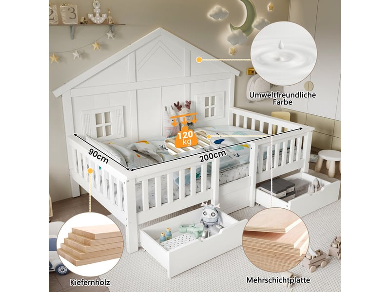 Lit cabane enfant 90x200 cm - avec 2 tiroirs - avec des balustrades et des fenêtres - bois massif + mdf - blanc (sans matelas)  - Conforama D