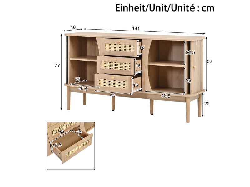  Buffet de rangement 141x40x77 cm, façades en rotin, portes coulissantes, 3 tiroirs pour salon et salle à manger - naturel GL1745O-1 - Conforama C