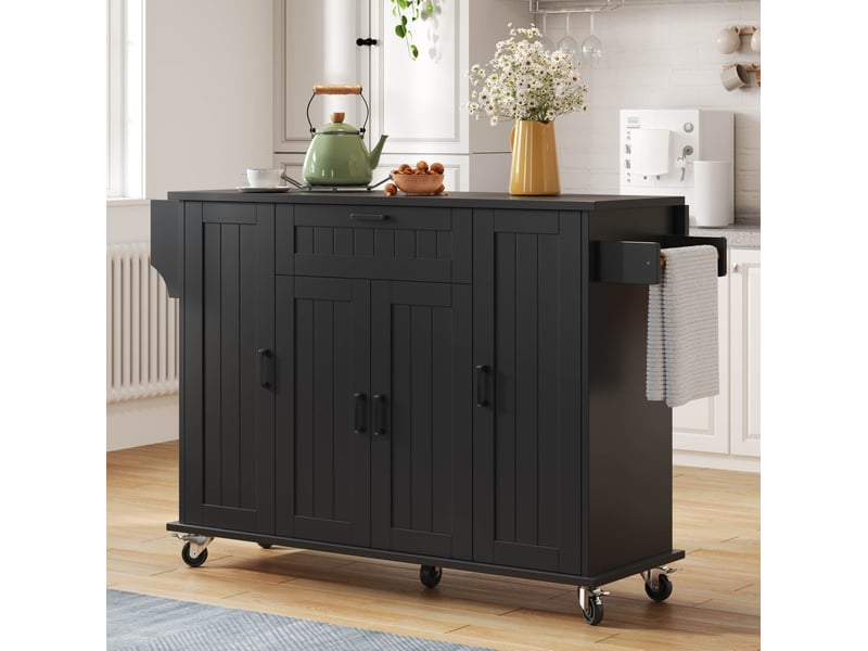  Desserte de cuisine à roulettes avec 4 portes, plateau rabattable et porte-serviettes, noire, 120 × 45(70) × 95 cm  - Conforama B