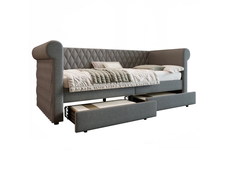  Lit jeune 90x200 cm motif losange avec 2 tiroirs, lin et métal, gris, sans matelas  - Conforama A