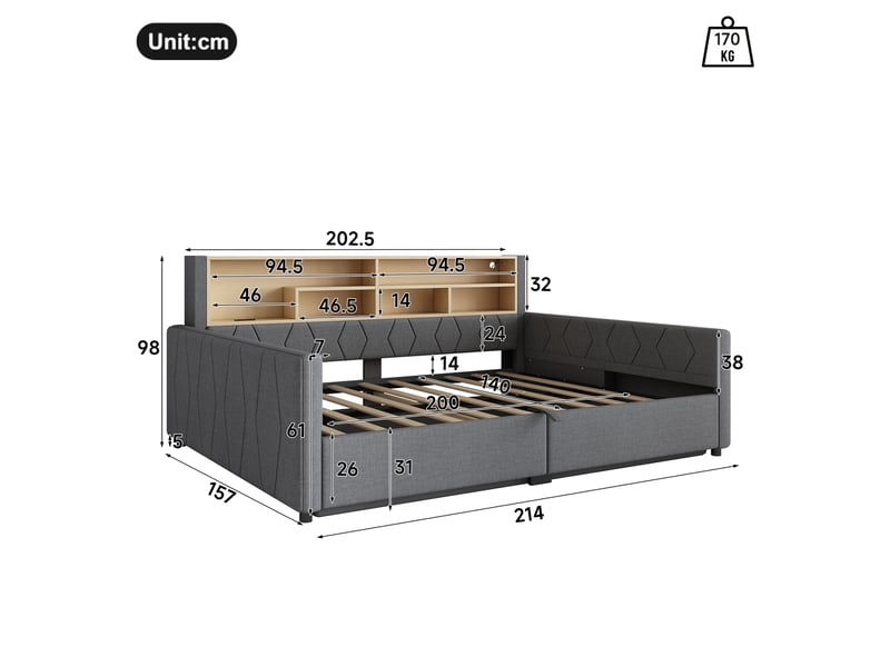  Canapé-lit coffre 140 x 200 cm - avec prise électrique - avec port usb - avec bande lumineuse led - tissu velours - gris (matelas non inclus)  - Conforama C