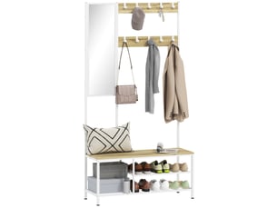 Porte-manteau avec miroir, 3 étagères, banc, 10 crochets réglables, style moderne pour entrée, 98 x 34 x 186 cm, naturel