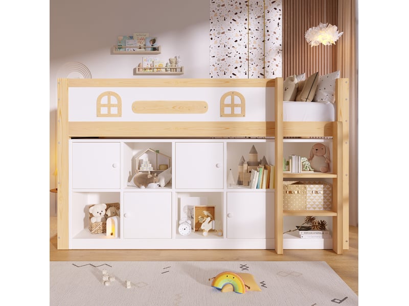  Lit mezzanine 90 × 200 cm 1 place avec tableau noir, rangements et échelle, sans matelas, en bois blanc et naturel  - Conforama C