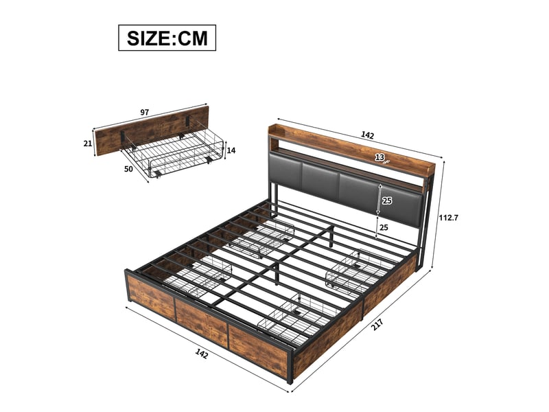  Lit 140x200 cm avec tête de lit rangement, lit double led,4 tiroirs, lit adulte ,sommier à lattes,marron, pu  - Conforama C