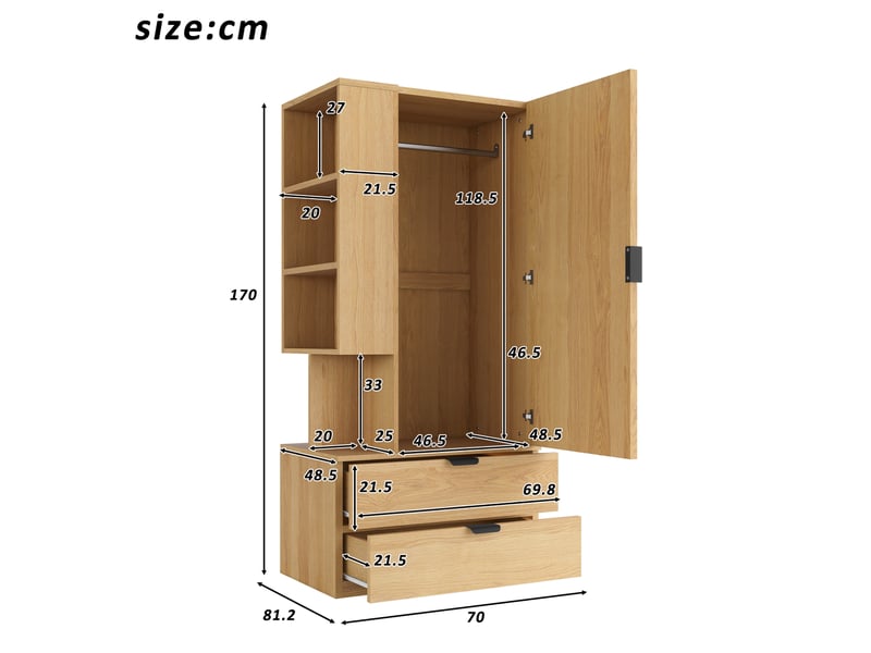  Armoire avec penderie, étagères ouvertes et 2 tiroirs, 70x50x170 cm  - Conforama E