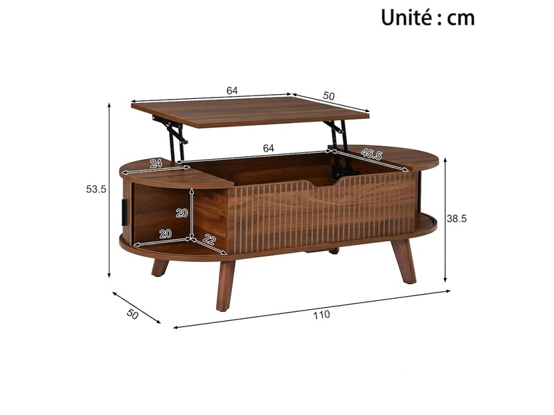  Table basse relevable ovale avec rangement caché, portes coulissantes, noyer, 110x50 cm  - Conforama D