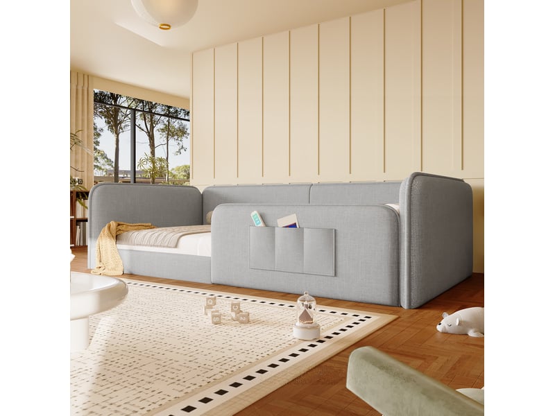  Lit plateforme modenvie 90 x 200 cm rembourré en lin gris avec cadre de sécurité tout autour et poches de rangement  - Conforama D