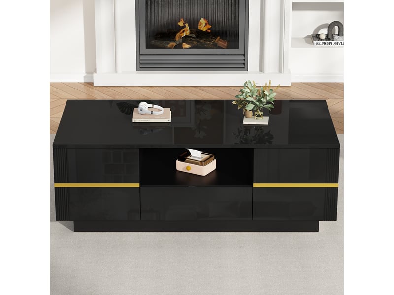  Table basse led avec rangement 100x50x35.5 cm en mdf noir et accents dorés  - Conforama B
