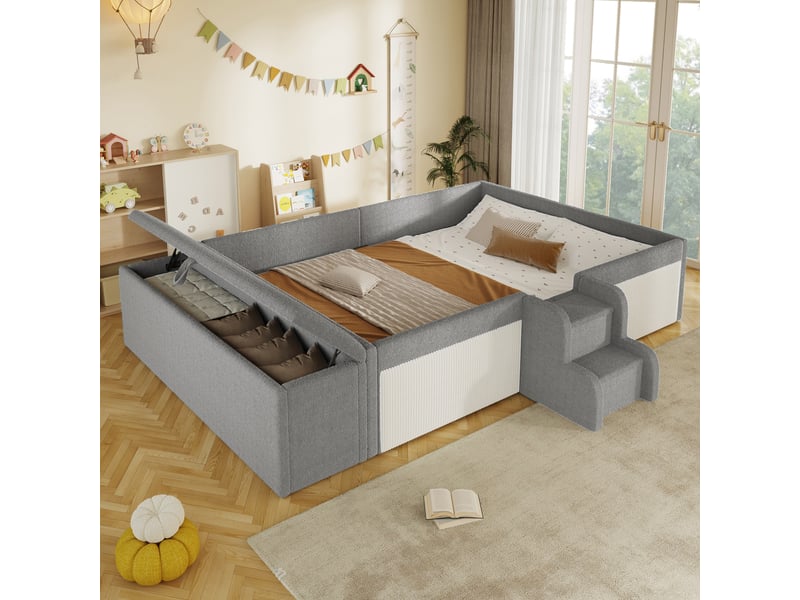 Lit enfant 140x190 cm rembourré en bouclé gris, avec petite échelle, banquette coffre de rangement mobile, barrières rembourrées et rangement pratique - Conforama C