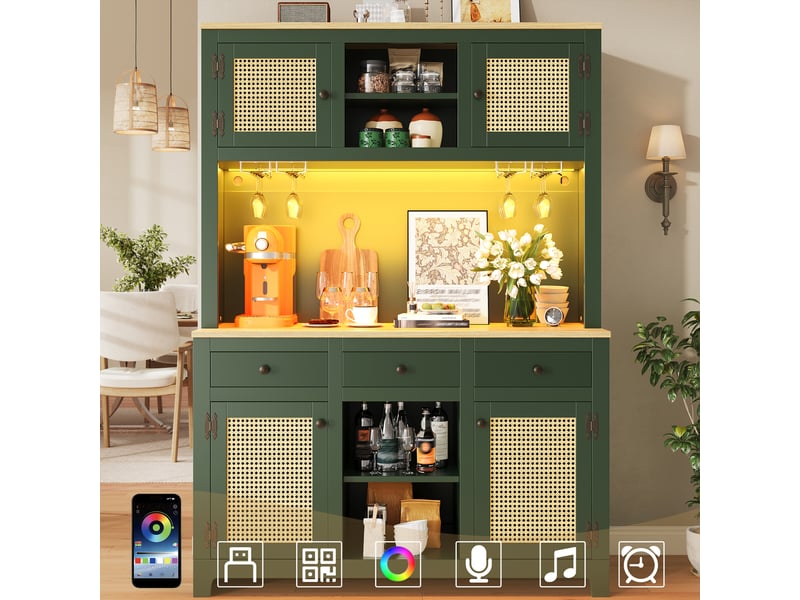 Buffet de cuisine avec portes, tiroirs, étagères réglables et led pour cuisine en mdf 120×40×180 cm vert antique  - Conforama B