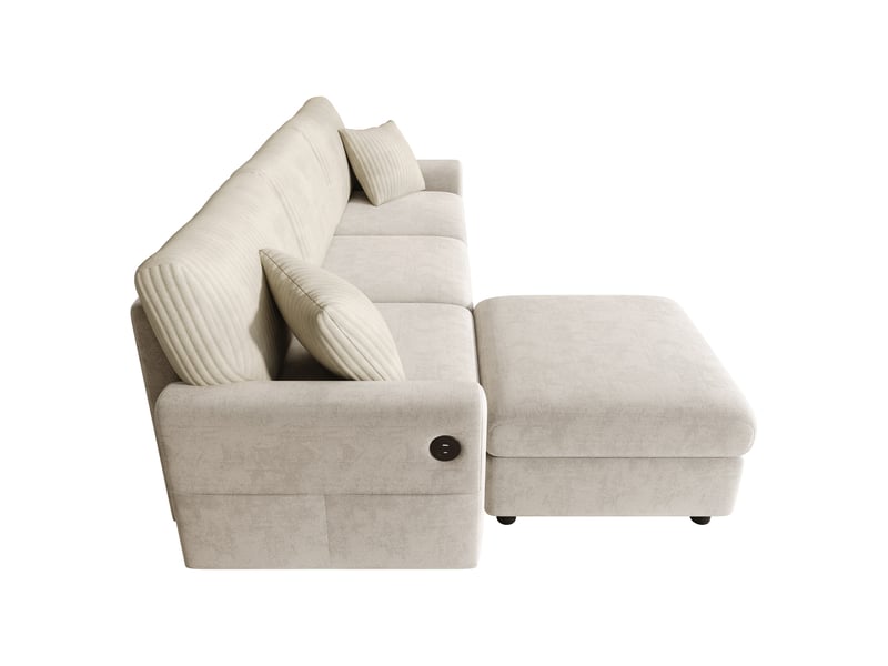  Canapé d'angle modulable 4 places 223 cm beige, chenille et velours côtelé, pouf mobile et usb-c Fay Lum - Conforama D