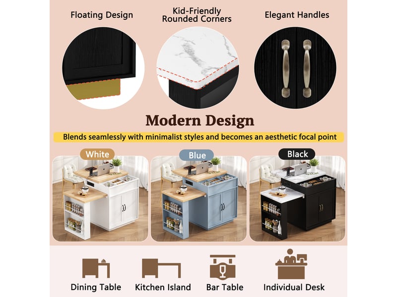 Desserte de cuisine extensible avec rangements, led et roulettes 125,5-187,5×71×93 cm en mdf noir - Conforama C
