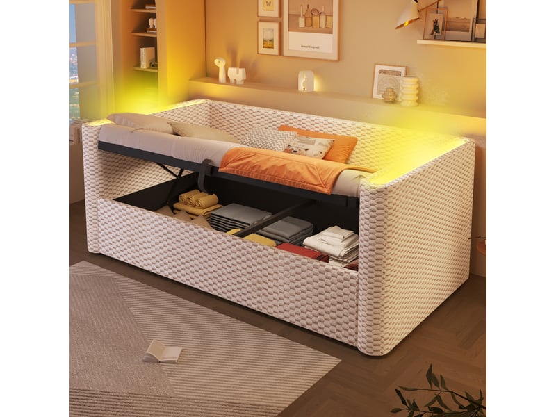  Lit banquette 90x200 cm avec rangement hydraulique et led, velours beige  - Conforama C
