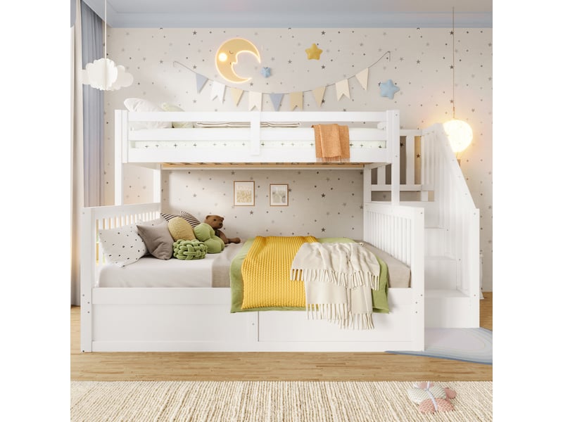  Lit superposé 3 places 90x200 et 140x200 cm avec coffre hydraulique, escalier de rangement, garde-corps, structure en pin et mdf, blanc  - Conforama B