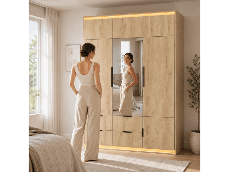 Armoire trois portes avec miroir et éclairage led 135 x 47 x 200 cm – 1 tringle, 4 tiroirs, 7 compartiments, mdf finition bois clair - Conforama C