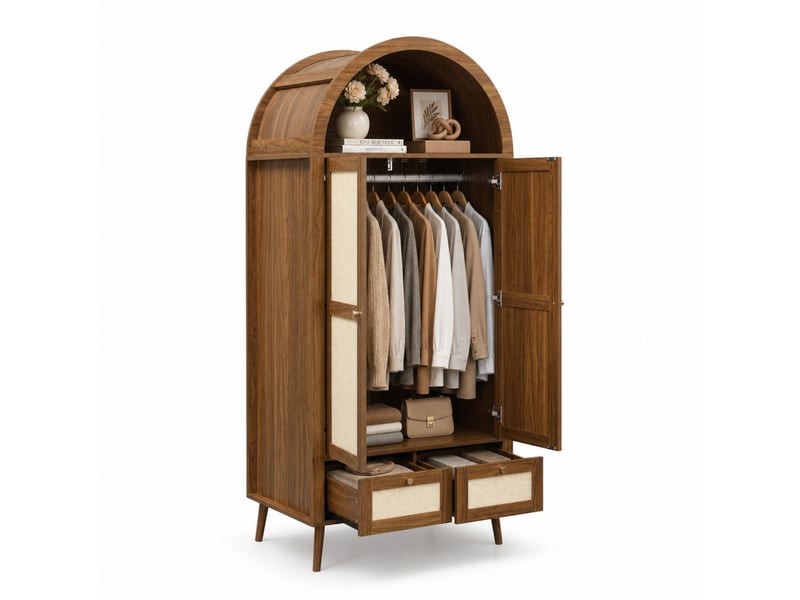  Armoire tcqpz 2 portes 2 tiroirs 80 x 55 x 180 cm avec penderie et niche ouverte mdf effet noyer beige effet rotin  - Conforama A