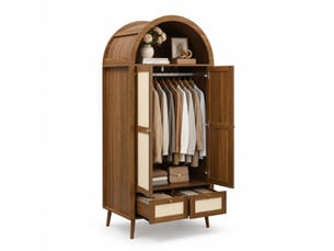 Armoire tcqpz 2 portes 2 tiroirs 80 x 55 x 180 cm avec penderie et niche ouverte mdf effet noyer beige effet rotin