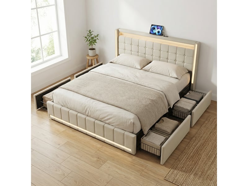  Lit 140x190 avec 4 tiroirs, lit double adulte avec éclairage led, tête de lit avec prises usbtype-c, tissu lin, style moderne, beige  - Conforama B