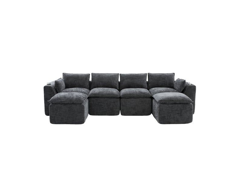  Canapé modulable 4 places avec 2 repose-pieds en chenille gris foncé  - Conforama A